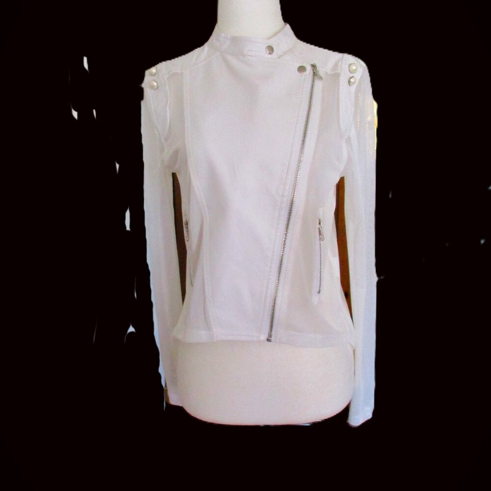 Size S WHITE FAUX LEATHER Zipper Jacket Nylon Sleeves & Back Pearl Trimmings